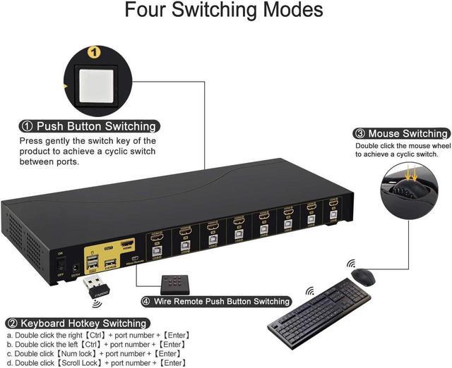 4Kx2K 8 Port HDMI KVM Switch With Cables And USB 2.0 Hub Rack Mount KVM Switch Supports Keyboard Mouse Switching For Windows Linux Mac Debian Ubuntu Fedora Raspberry Pi And Ubuntu
