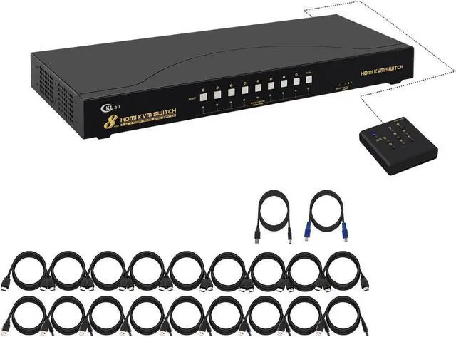 4Kx2K 8 Port HDMI KVM Switch with Cables and USB 2.0 Hub Rack Mount KVM Switch Supports Keyboard Mouse Switching for Windows Linux Mac Debian Ubuntu Fedora Raspberry Pi and Ubuntu