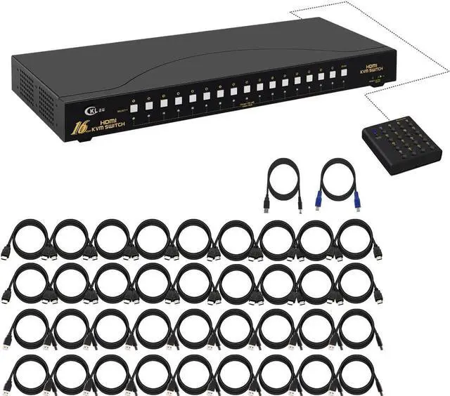 4Kx2K HDMI KVM Switch 16 Port with Cables Rack Mount KVM Switch Support HDCP EDID for Windows Linux Mac Debian Ubuntu Fedora Raspberry Pi and Ubuntu