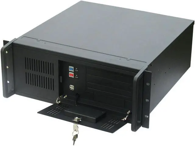 4U black industrial control chassis 8 3.5" hard disk positions support 12"×9.6" and below size motherboards support 2 front USB ports standard PS2 power supply position empty chassis