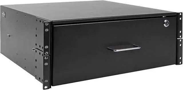 4U drawer mounts in EIA-standard 19 in. 2-post rack to store tools notes cables computer discs and other essential rack equipment accessories up to 50 lb