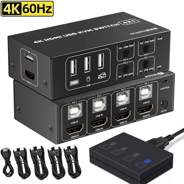 4x1 HDMI KVM Switch 4 Port 4K 60Hz HDMI USB KVM HDMI Switch Share 4 Computers with One Monitor One-Button Swapping 4 in 1 Out KVM Switcher for Mouse Keyboard Printer with 4 USB Cables 1 Power Cable