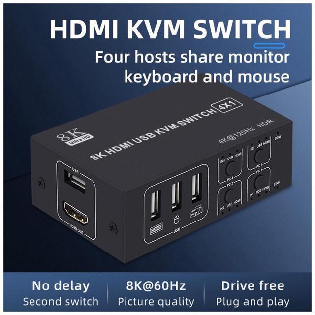 4x1 HDMI KVM Switch 4 Port 8K 60Hz 4K 120Hz HDMI USB KVM HDMI Switch Share 4 Computers With One Monitor One-Button Swapping 4 In 1 Out KVM Switcher For PC Laptop With 4 USB Cables 1 Power Cable