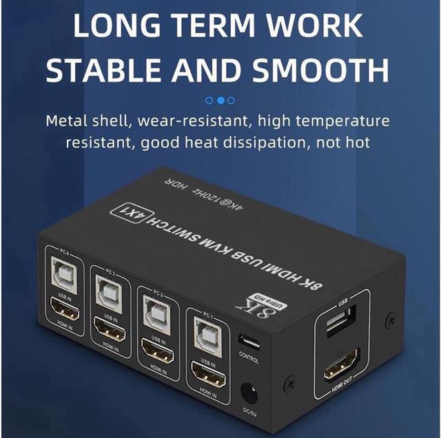 4x1 HDMI KVM Switch 4 Port 8K 60Hz 4K 120Hz HDMI USB KVM HDMI Switch Share 4 Computers With One Monitor One-Button Swapping 4 In 1 Out KVM Switcher For PC Laptop With 4 USB Cables 1 Power Cable
