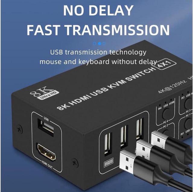 4x1 HDMI KVM Switch 4 Port 8K 60Hz 4K 120Hz HDMI USB KVM HDMI Switch Share 4 Computers With One Monitor One-Button Swapping 4 In 1 Out KVM Switcher For PC Laptop With 4 USB Cables 1 Power Cable