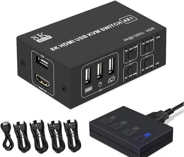 4x1 HDMI KVM Switch 4 Port 8K 60Hz 4K 120Hz HDMI USB KVM HDMI Switch Share 4 Computers with One Monitor One-Button Swapping 4 in 1 Out KVM Switcher for PC Laptop with 4 USB Cables 1 Power Cable