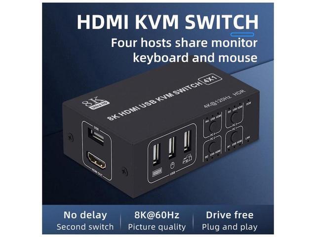 4x1 HDMI KVM Switch 4 Port 8K 60Hz 4K 120Hz HDMI USB KVM HDMI Switch Share 4 Computers With One Monitor One-Button Swapping 4 In 1 Out KVM Switcher For PC Laptop With 4 USB Cables 1 Power Cable