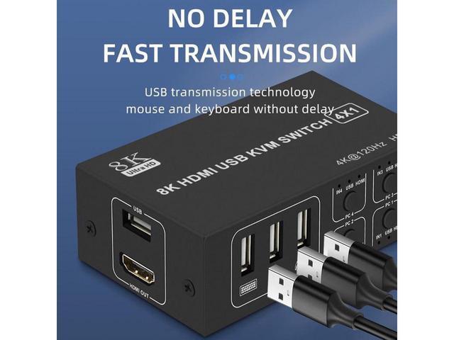 4x1 HDMI KVM Switch 4 Port 8K 60Hz 4K 120Hz HDMI USB KVM HDMI Switch Share 4 Computers With One Monitor One-Button Swapping 4 In 1 Out KVM Switcher For PC Laptop With 4 USB Cables 1 Power Cable