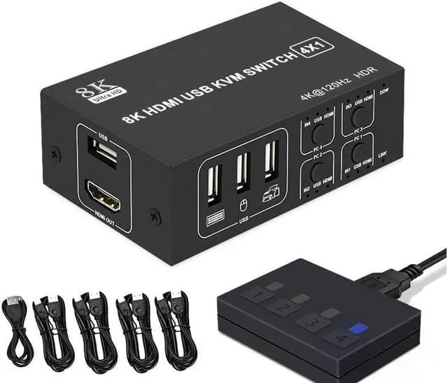 4x1 HDMI KVM Switch 4 Port 8K 60Hz 4K 120Hz HDMI USB KVM HDMI Switch Share 4 Computers with One Monitor One-Button Swapping 4 in 1 Out KVM Switcher for PC Laptop with 4 USB Cables 1 Power Cable