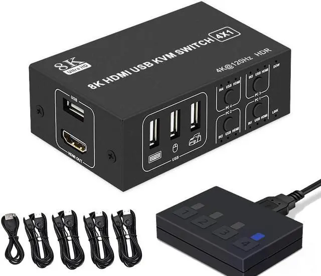 4x1 HDMI KVM Switch 4 Port 8K 60Hz 4K 120Hz HDMI USB KVM HDMI Switch Share 4 Computers with One Monitor One-Button Swapping 4 in 1 Out KVM Switcher for PC Laptop with 4 USB Cables 1 Power Cable