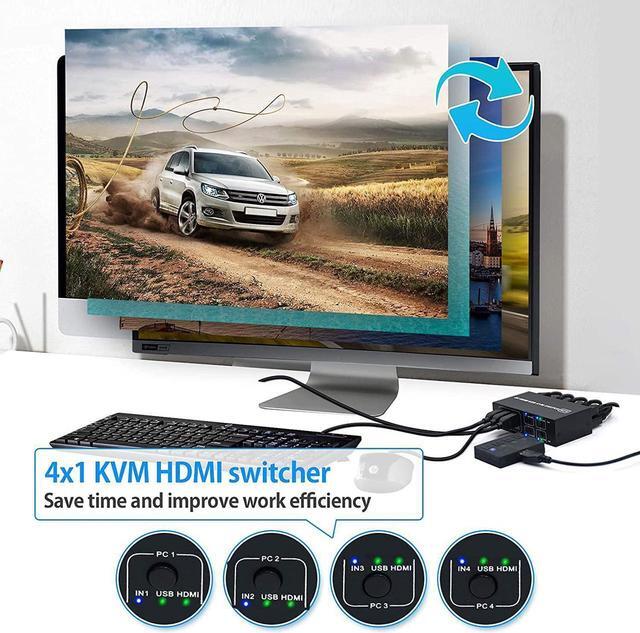 4x1 HDMI KVM Switch 4 Port USB Switch 4 Computers Share With 1 Monitor HD 4K 60Hz One-Button Switch Hdmi Switch 4 In 1 Out HDMI KVM Switcher With 4 USB Cable 1 Switch Button&Cable 1 Power Cable