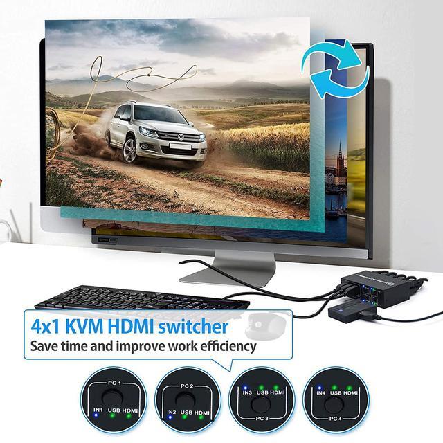 4x1 HDMI KVM Switch 4 Port USB Switch 4 Computers Share With 1 Monitor HD 4K 60Hz One-Button Switch Hdmi Switch 4 In 1 Out HDMI KVM Switcher With 4 USB Cable 1 Switch Button&Cable 1 Power Cable