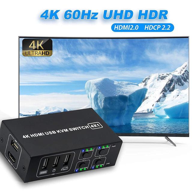 4x1 HDMI KVM Switch 4 Port USB Switch 4 Computers Share With 1 Monitor HD 4K 60Hz One-Button Switch Hdmi Switch 4 In 1 Out HDMI KVM Switcher With 4 USB Cable 1 Switch Button&Cable 1 Power Cable