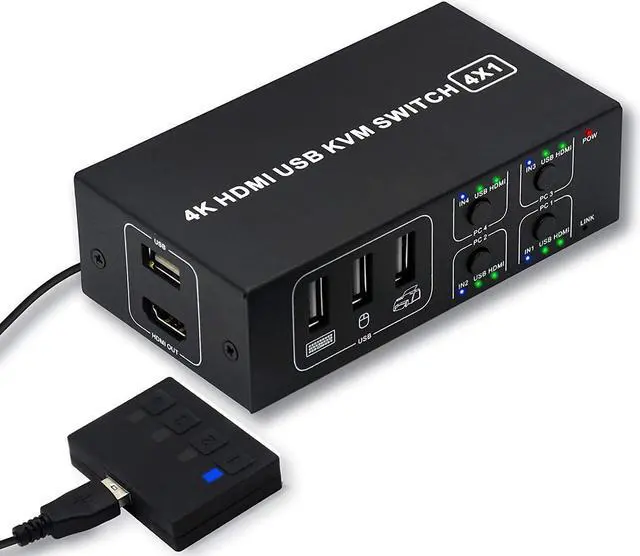 4x1 HDMI KVM Switch 4 Port USB Switch 4 Computers Share with 1 Monitor HD 4K 60Hz One-Button Switch hdmi switch 4 In 1 Out HDMI KVM Switcher with 4 USB Cable 1 Switch Button&Cable 1 Power Cable
