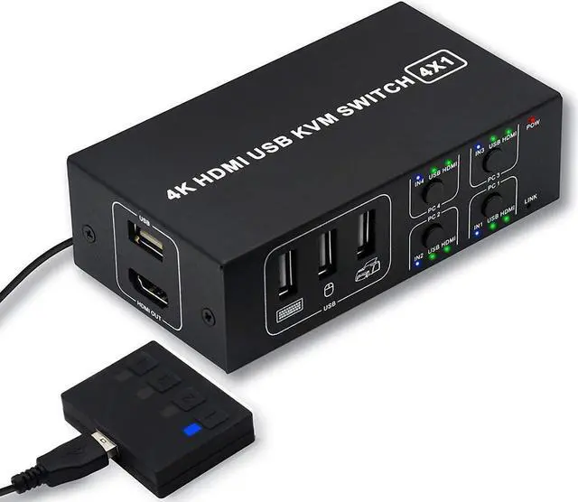 4x1 HDMI KVM Switch 4 Port USB Switch 4 Computers Share with 1 Monitor HD 4K 60Hz One-Button Switch hdmi switch 4 In 1 Out HDMI KVM Switcher with 4 USB Cable 1 Switch Button&Cable 1 Power Cable