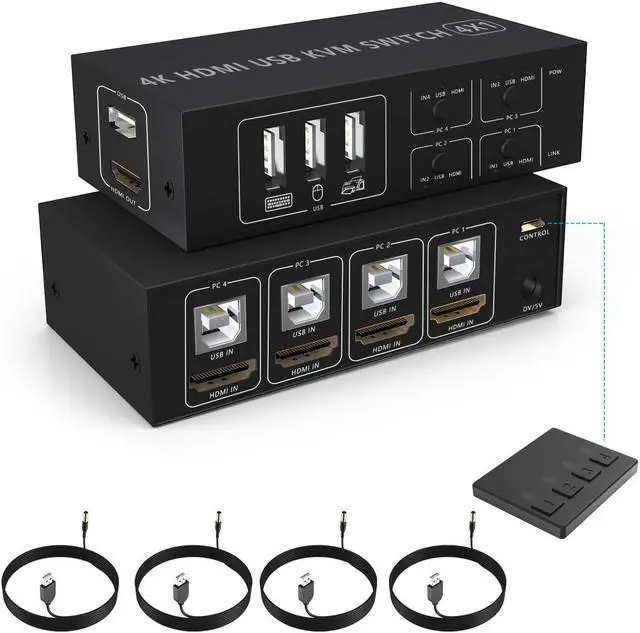 4x1 HDMI USB KVM Switch 4 Port 4K 60Hz HDMI 4 in 1 Out KVM USB Switch One-Button Switch 4 Computers Share Keyboard Mouse Printer Monitor with 4x USB Cable 1x Controller 1x Power Cable