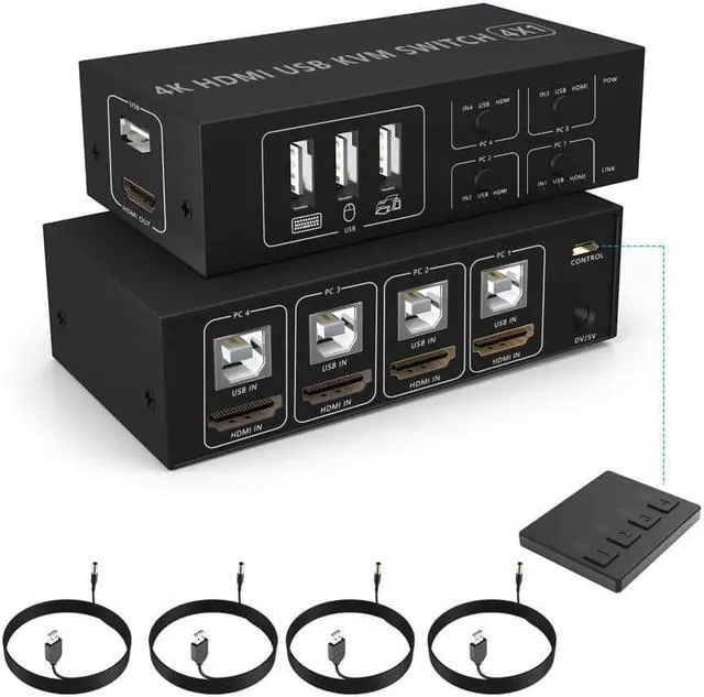 4x1 HDMI USB KVM Switch 4 Port 4K 60Hz HDMI 4 in 1 Out KVM USB Switch One-Button Switch 4 Computers Share Keyboard Mouse Printer Monitor with 4x USB Cable 1x Controller 1x Power Cable