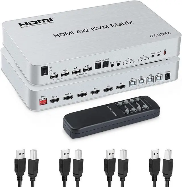4x2 HDMI KVM Matrix Switcher 4K 60Hz KVM Switch + Optical & L/R Audio Output 4 HDMI2.0 Port + 4 USB2.0 Port Share 4 Computer to Dual Monitor Support Auto Scale Audio Extractor with Remote Control
