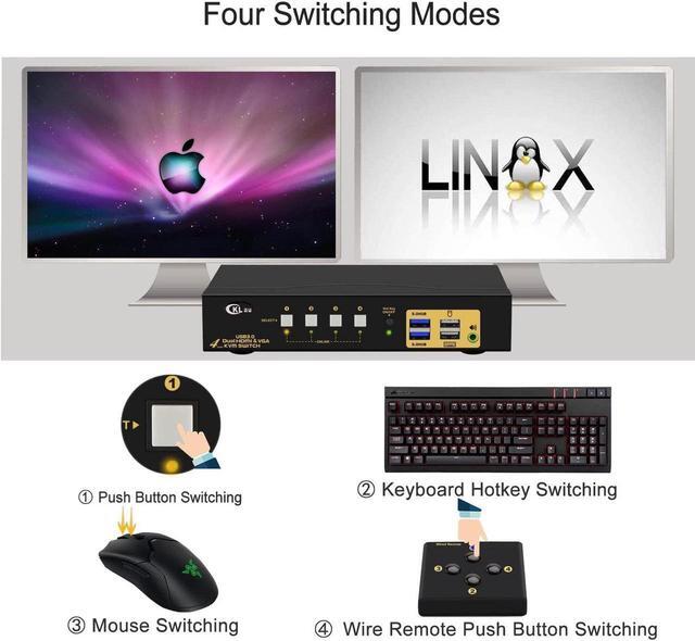 4x2 USB 3.0 VGA + HDMI KVM Switch 2 Monitors 4K 60Hz With Cables And Audio PCs Monitor Keyboard Video Mouse Peripherals Sharing Box
