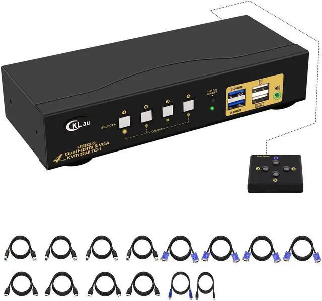 4x2 USB 3.0 VGA + HDMI KVM Switch 2 Monitors 4K 60Hz with Cables and Audio PCs Monitor Keyboard Video Mouse Peripherals Sharing Box