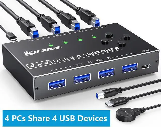 4x4 USB 3.0 Switch 4 Computers 4 Port USB 3.0 Switch Selector for 4 Computer Share 4 USB Devices Keyboard Mouse Switch 4 in 4 Out USB Switcher with Wired Remote and 4 Standard USB-B Cables
