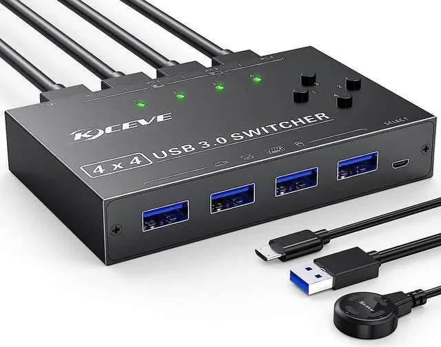 4x4 USB 3.0 Switch 4 Port USB Switch Selector for 4 Computers Sharing 4 USB Devices Keyboard Mouse Switch USB Switcher Compatible with Mac/Windows/Linux Wired Remote and 4 USB 3.0 Cable Included