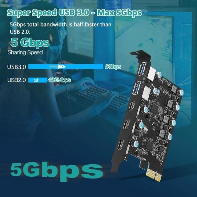 5-Port PCIe To USB 3.0 Card With 5Gbps Bandwidth 5 Ports (2 USB-A 3 Type-C) Converter PCIE Splitter Adapter Card