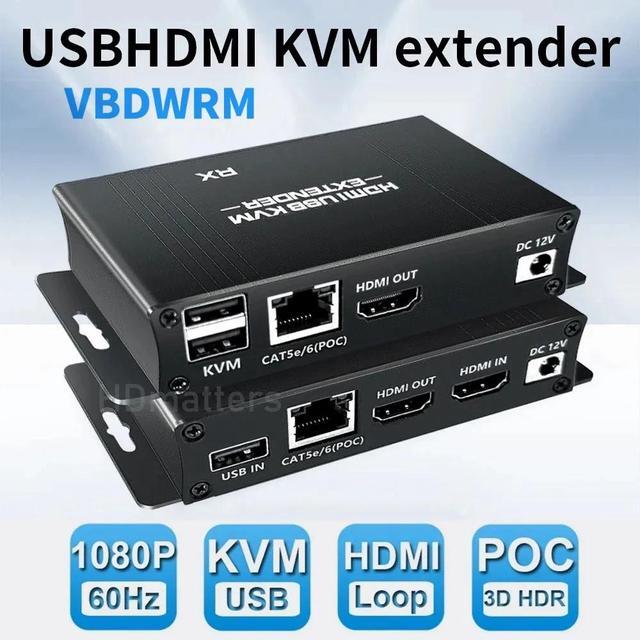 60M HDMI KVM Extender Over Ethernet Cat5e/6 POC Cable 1080P HDMI USB Extender Video Audio Extension Splitter For USB Keyboard PC(US Power Supply) (1080P 60Hz)