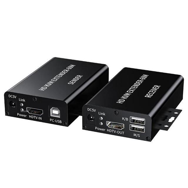 60M HDMI KVM Extender Over Single Cat5E/6 Ethernet Cable HDMI USB KVM Extender Transmitter Receiver Extension For Keyboard Mouse(UK Plug) (Mode-A)
