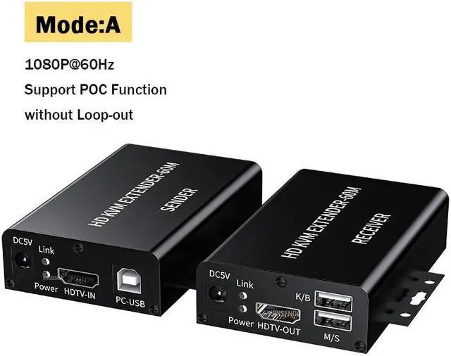 60M HDMI KVM Extender Over Single Cat5E/6 Ethernet Cable HDMI USB KVM Extender Transmitter Receiver Extension for Keyboard Mouse(UK Plug) (Mode-A)