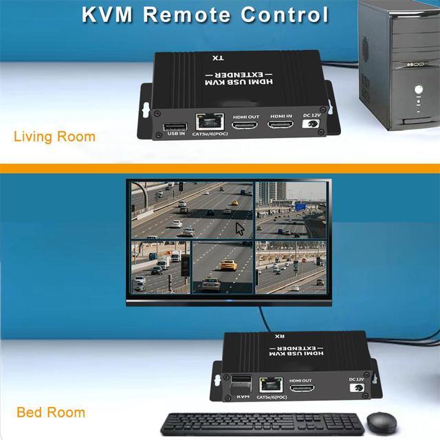 60M HDMI KVM USB Extender Over IP Over Ethernet 1080p HD Video Over Cat5e Cat6 Ethernet Cable 60M (196ft) For Mouse And Keyboard Control Remote Signals (Black)