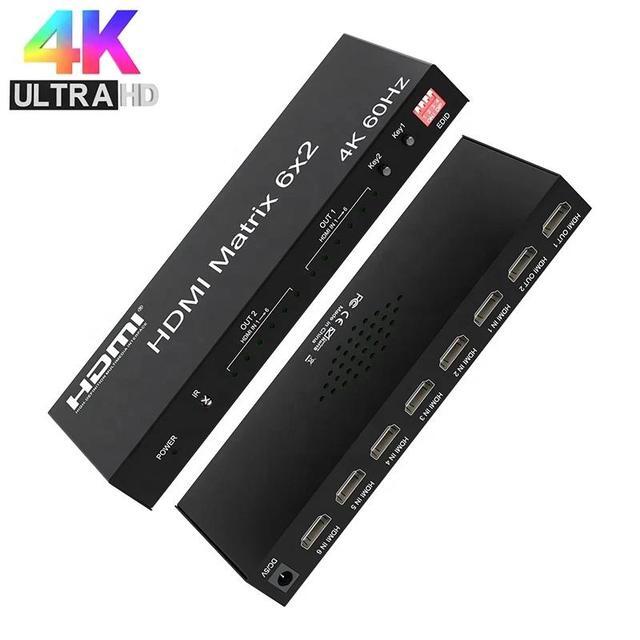 6x2 Matrix HDMI Switch 6 In 2 Out 4K 60Hz HDMI 2.0 Matrix Switch Splitter With SPDIF R/L Audio Out EDID For Laptop PC TV Monitor(With EU Plug)