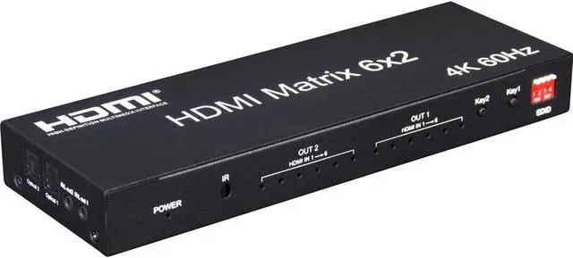 6x2 Matrix HDMI Switch 6 in 2 out 4K 60Hz HDMI 2.0 Matrix Switch Splitter with SPDIF R/L Audio Out EDID for Laptop PC TV Monitor(With EU Plug)