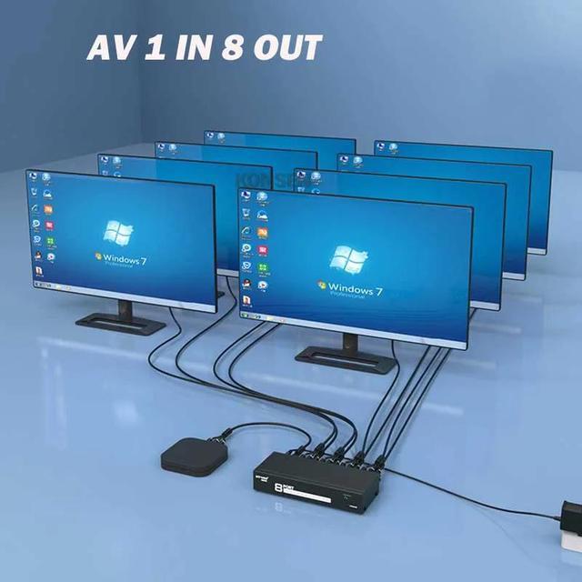 8 Port AV Splitter 1 In 8 Out RCA Video Audio Splitter 1x4 1x8 Box 8 Way CVBS RCA Video Audio Distributor Splitter Not Switch(with US Plug)(Splitter 1x8)