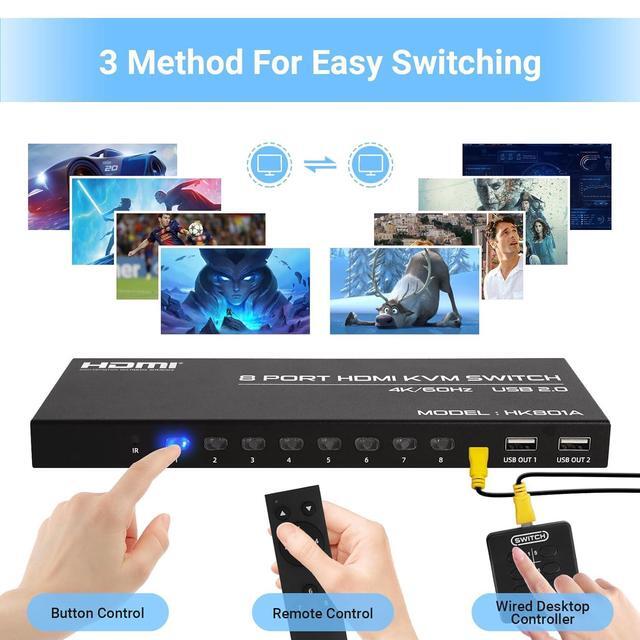 8 Port HDMI KVM Switch 8 In 1 Out 4K 60Hz HDMI KVM Switch For 8 PCs Share 1 Monitor And 4 USB Devices Including 8 HDMI KVM Cables And IR Remote Control