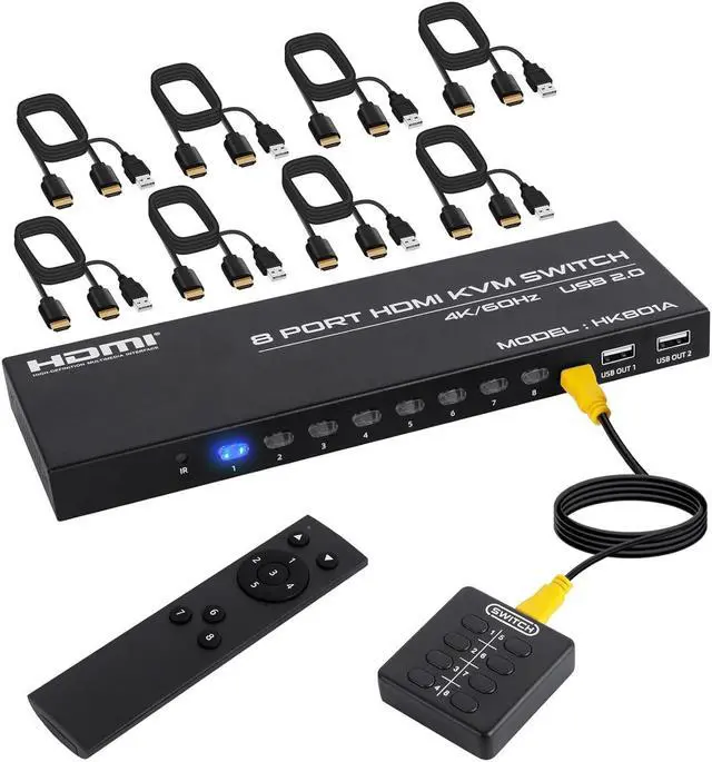 8 Port HDMI KVM Switch 8 in 1 Out 4K 60Hz HDMI KVM Switch for 8 PCs Share 1 Monitor and 4 USB Devices Including 8 HDMI KVM Cables and IR Remote Control
