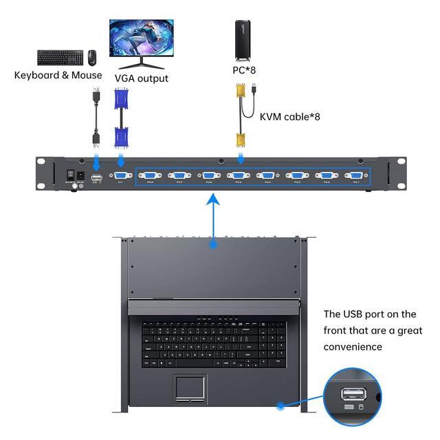 8 Port Rack Mount LCD KVM Console Yinker VGA KVM Switch With 15.6 Inch LCD Monitor Fit 1U 19" Rack 600mm-deep Network Server Cabinet W/Keyboard Touchpad Drawer KVM Cables
