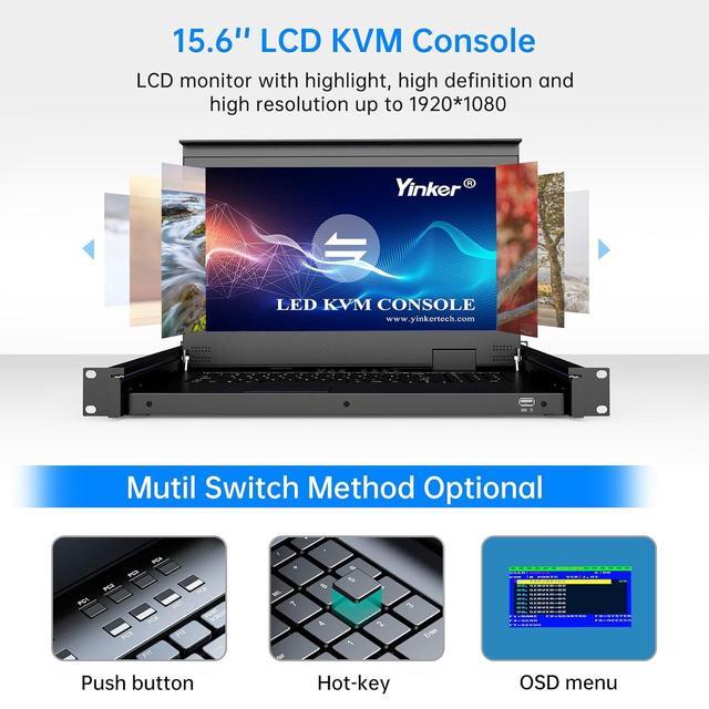8 Port Rack Mount LCD KVM Console Yinker VGA KVM Switch With 15.6 Inch LCD Monitor Fit 1U 19" Rack 600mm-deep Network Server Cabinet W/Keyboard Touchpad Drawer KVM Cables
