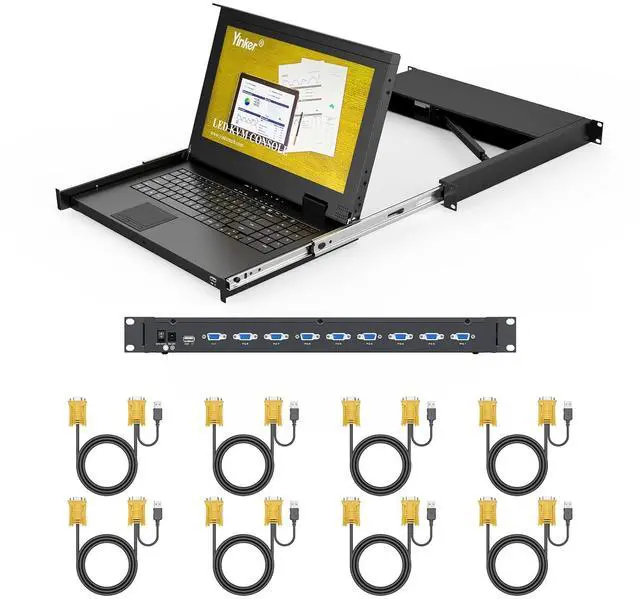 8 Port Rack Mount LCD KVM Console Yinker VGA KVM Switch with 15.6 inch LCD Monitor Fit 1U 19" Rack 600mm-deep Network Server Cabinet w/Keyboard Touchpad Drawer KVM Cables