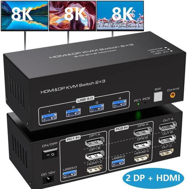8K 2 Displayport + HDMI USB 3.0 KVM Switch 3 Monitors 2 Computers 8K 60Hz 4K 144Hz 2 Displayport + HDMI Triple Monitor KVM Switch With 4 USB 3.0 Ports KVM Triple Monitor Keyboard Mouse Switcher