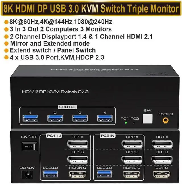 8K 2 Displayport + HDMI USB 3.0 KVM Switch 3 Monitors 2 Computers 8K 60Hz 4K 144Hz 2 Displayport + HDMI Triple Monitor KVM Switch with 4 USB 3.0 Ports KVM Triple Monitor Keyboard Mouse Switcher