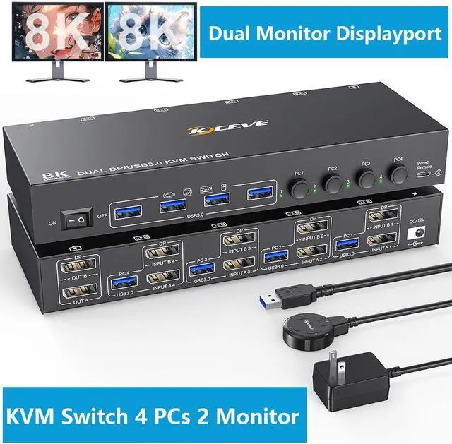 8K 30Hz Displayport KVM Switch 4 in 2 Out Dual Monitors Displayport USB 3.0 KVM Switcher for 4 Computers Share 2 Monitors Keyboard and Mouse Wired Remote and USB Cables Included