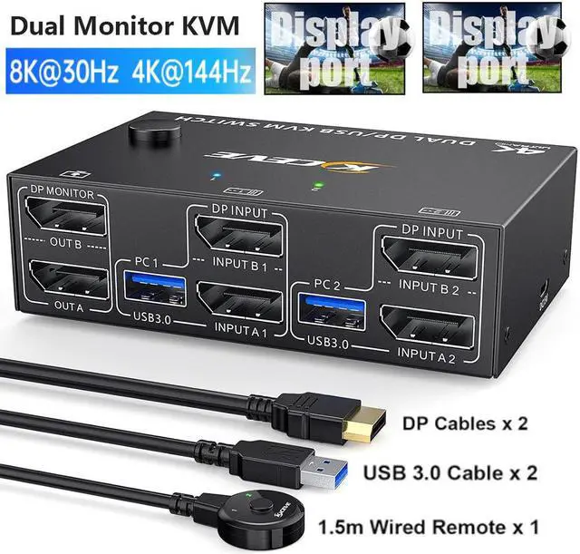 8K 30Hz USB 3.0 Displayport KVM Switch 2 Monitors 2 Computers DP 1.4 Dual Monitor KVM Switch 2 in 2 Out with 4* USB 3.0 Port for 2 Computers with 2 DP Cables & USB Cables and Wired Controller