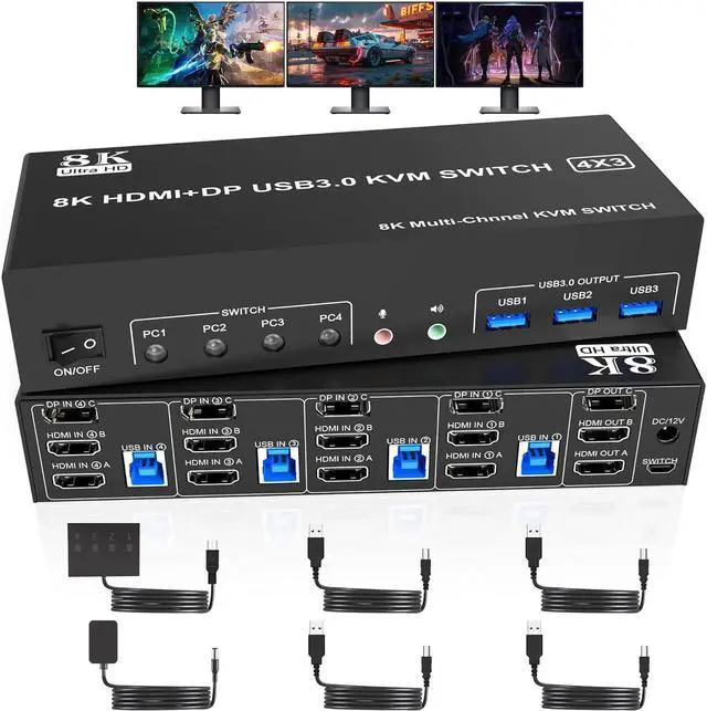 8K 60Hz 1 Displayport +2 HDMI USB 3.0 KVM Switch 3 Monitors 4 Computers 2 HDMI 2.1 + DP 1.4 Triple Monitor KVM Switch with Audio Microphone + 3 USB3.0 Ports Triple Monitor Keyboard Mouse Switcher