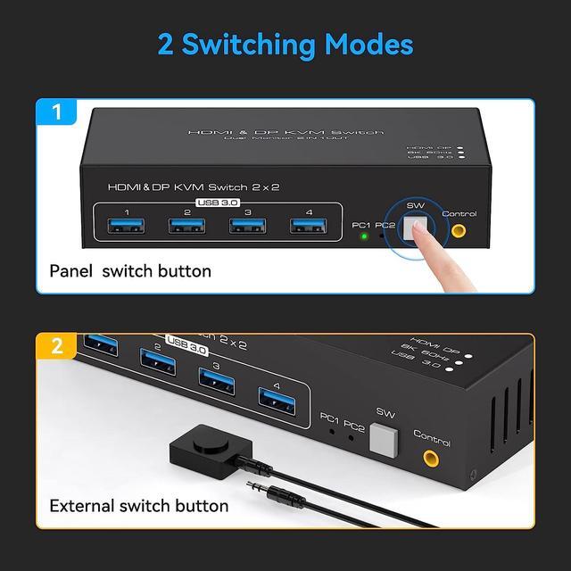 8K 60Hz 2 Port Dual Monitor Displayport KVM Switch USB 3.0 DP 1.4 KVM Switches For 2 Computers Share 2 Monitors And 4 USB Devices Support 4K 120Hz DP 1.4 With External Kit And Power Adapter