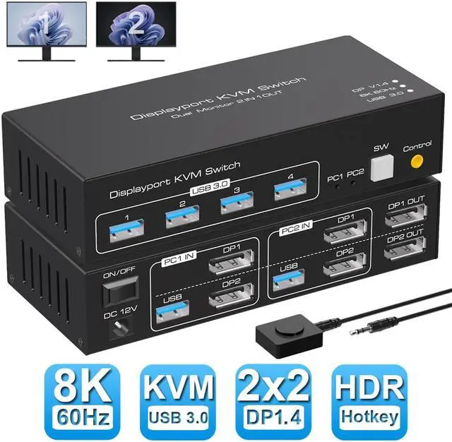 8K 60Hz 2 Port Dual Monitor Displayport KVM Switch USB 3.0 DP 1.4 KVM switches for 2 Computers Share 2 monitors and 4 USB Devices Support 4K 120Hz DP 1.4 with External kit and Power adapter