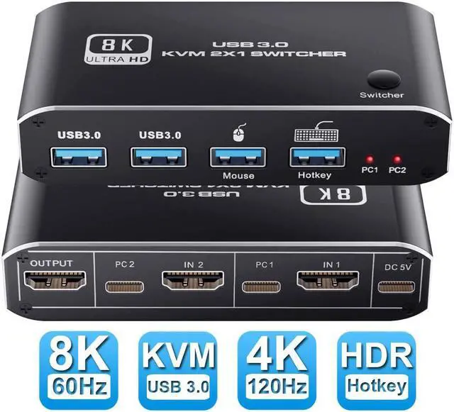 8K 60Hz 2x1 HDMI 2.1 KVM Switch 2 Port 2 in 1 Out KVM HDMI 2.1 Switch for 2 PCs Shares 1 Set Mouse Keyboard and Monitor Support 8K 60Hz 4K 120Hz Hotkey USB 3.0 Port HDMI2.1 in/Out Port