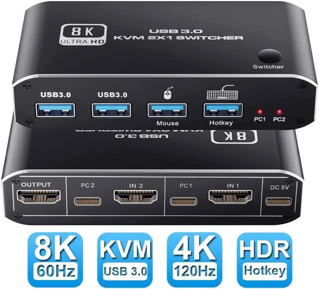 8K 60Hz 2x1 HDMI 2.1 KVM Switch 2 Port 2 in 1 Out KVM HDMI 2.1 Switch for 2 PCs Shares 1 Set Mouse Keyboard and Monitor Support 8K 60Hz 4K 120Hz Hotkey USB 3.0 Port HDMI2.1 in/Out Port