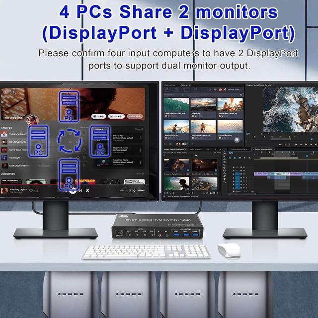 8K 60Hz 4 Ports Displayport USB 3.0 KVM Switch For 4 Computer 2 Monitor DP1.4 Dual Monitor KVM Switches With Audio Microphone Output And 3 USB 3.0 Ports 8K DP Monitor Switch For 4PC 2 Monitor