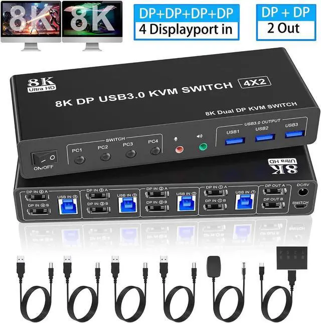 8K 60Hz 4 Ports Displayport USB 3.0 KVM Switch for 4 Computer 2 Monitor DP1.4 Dual Monitor KVM Switches with Audio Microphone Output and 3 USB 3.0 Ports 8K DP Monitor Switch for 4PC 2 Monitor